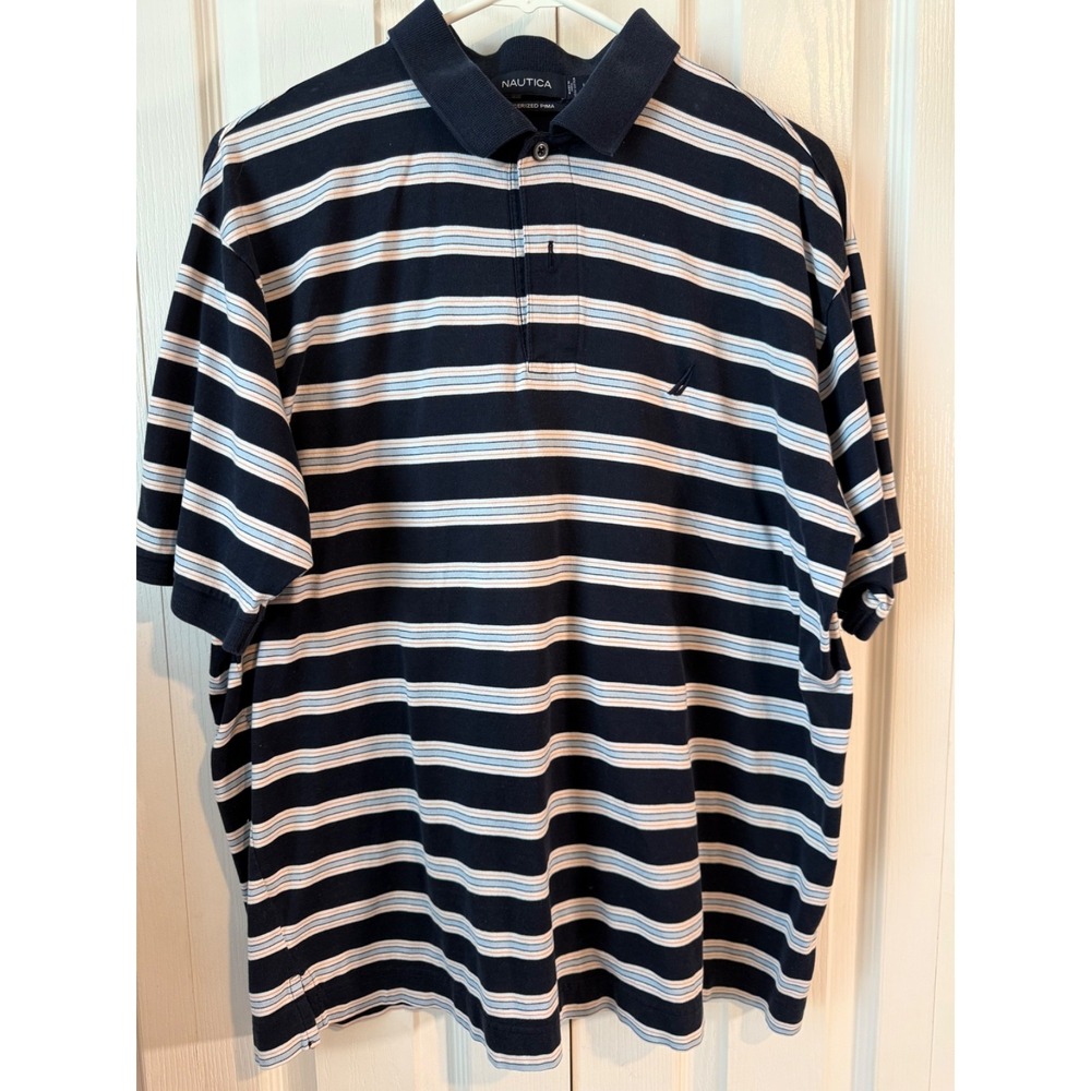 Nautica Men's Polo Shirt Medium Navy Blue Striped Short Sleeve Mercierized Pima